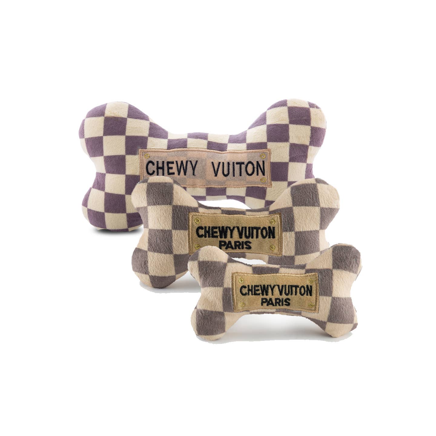 Checker Chewy Vuiton Bones Squeaker Dog Toy: Small / Mini