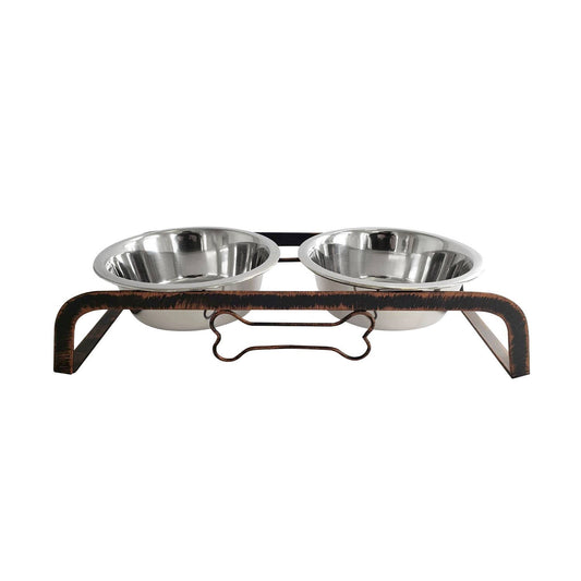 Rustic Elevated Dog Bone Feeder with 2 Stainless Steel Bowls: 1 Quart