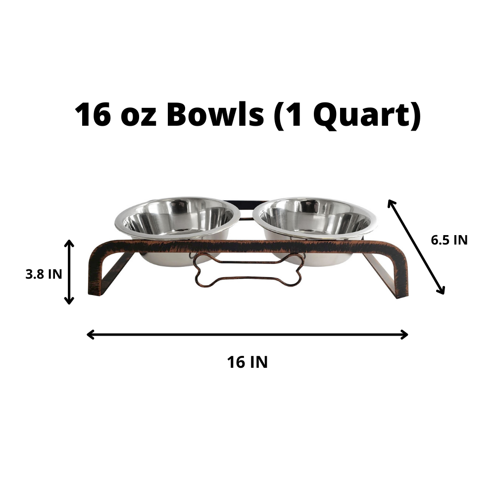 Rustic Elevated Dog Bone Feeder with 2 Stainless Steel Bowls: 1 Quart