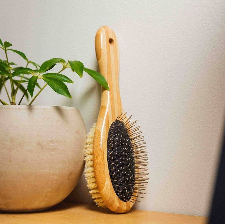 Bamboo Two-Sided Bristle and Wire Pet Brush